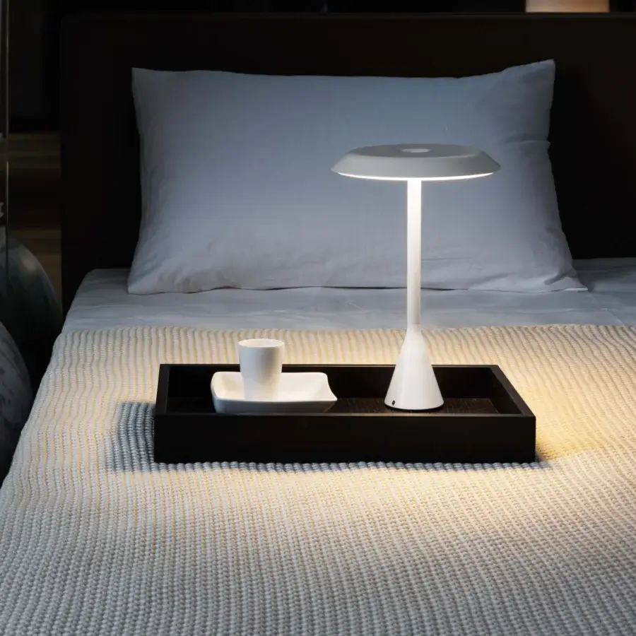 Distinguished Nemo Panama Mini table lamp with a slender silhouette crafted in durable methacrylate and matte white finish
