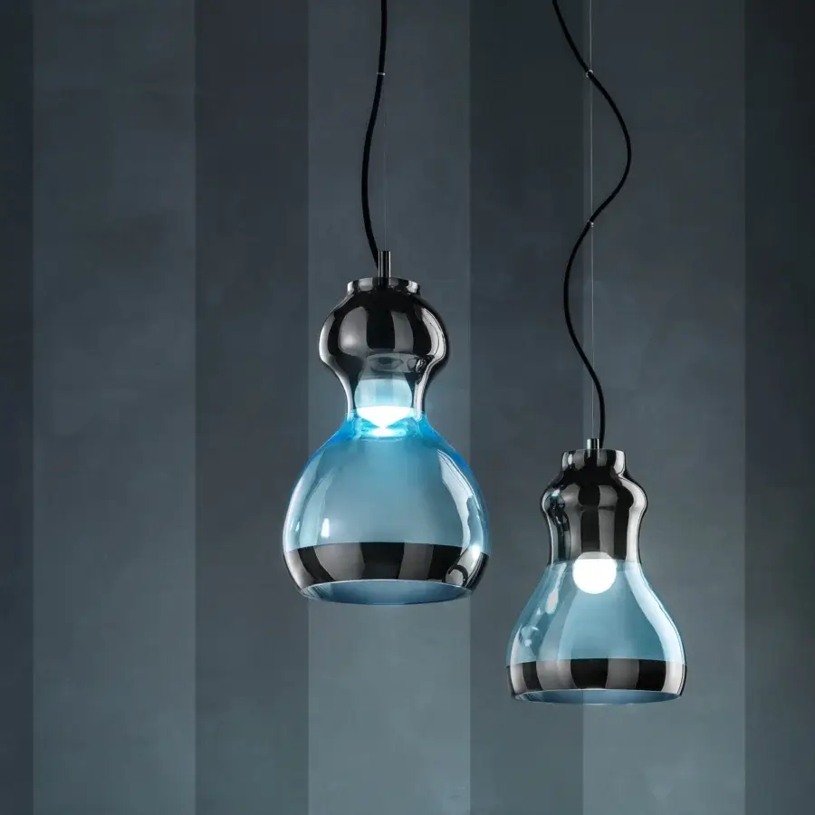 Stunning Euroluce Infinity S1 suspension lamp crafted in luminous aquamarine glass with a refined black nickel finish
