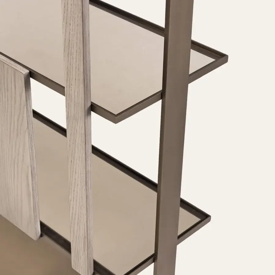 Exceptional Shake Dall sideboard bookcase with varnished bronze steel frame and solid ash wood slats offering tempered glass shelves