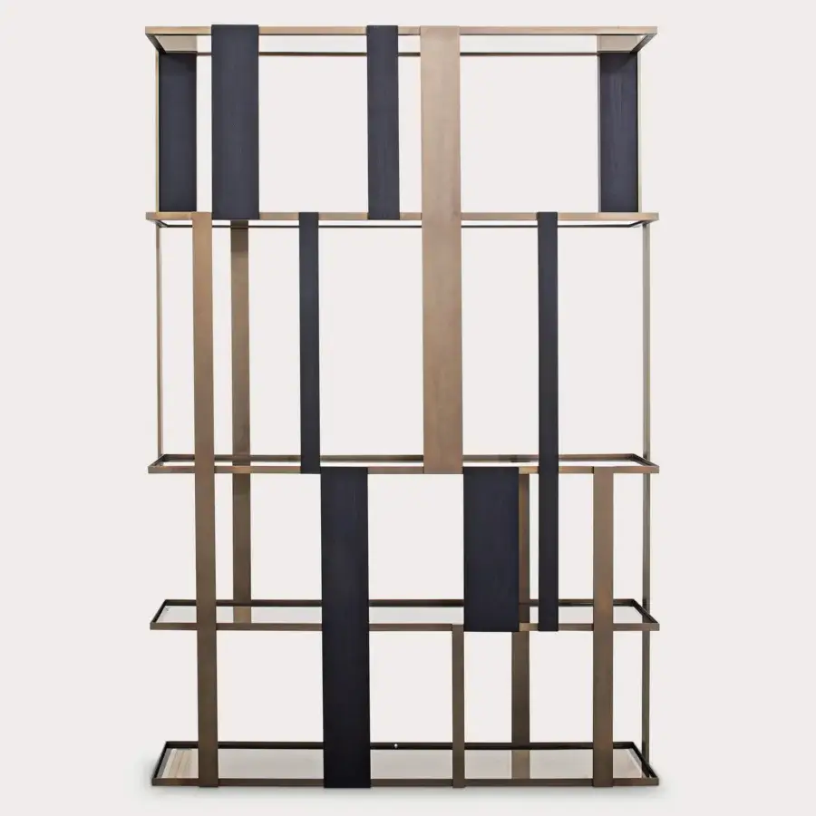 Architectural Shake Dall sideboard bookcase built with varnished brass tone steel and solid ash wood slats with tempered glass shelves