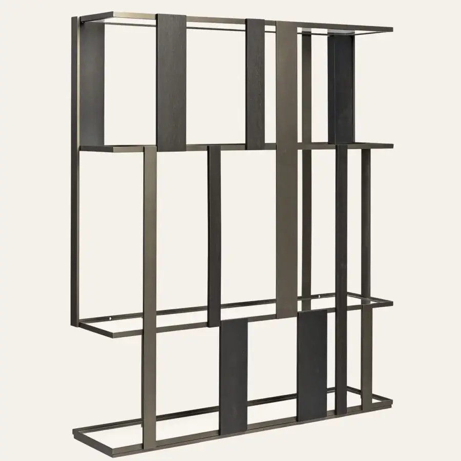 Distinguished Shake Dall sideboard bookcase built with varnished steel and warm solid ash wood slats in muted gray-brown tones with a matte finish