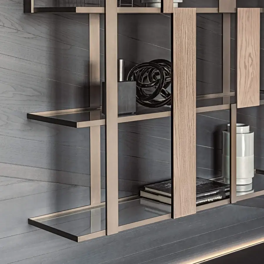 Superior Shake Dall sideboard bookcase with varnished steel, solid ash wood slats and tempered glass shelves