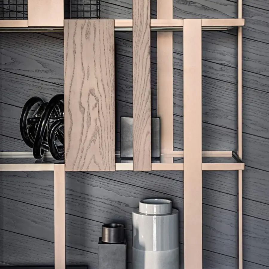 Elegant Shake Dall sideboard bookcase with medium-toned ash wood slats and darker varnished steel, showcasing tempered glass shelves with a satin finish