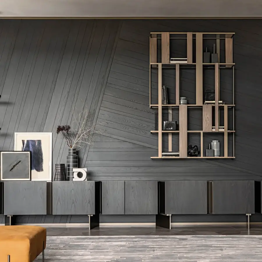 Distinguished Shake Dall sideboard bookcase in gray-brown ash wood with varnished steel and tempered glass shelving