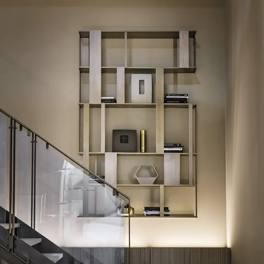 Superior Shake Dall sideboard bookcase crafted with neutral beige solid ash wood slats and varnished steel structure