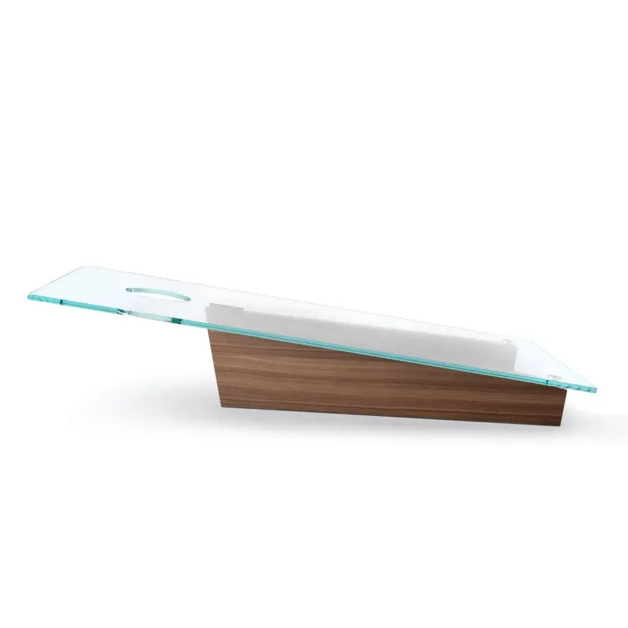 Distinguished Impatia Lancio wood cornhole built with walnut and transparent glass, showcasing a satin finish