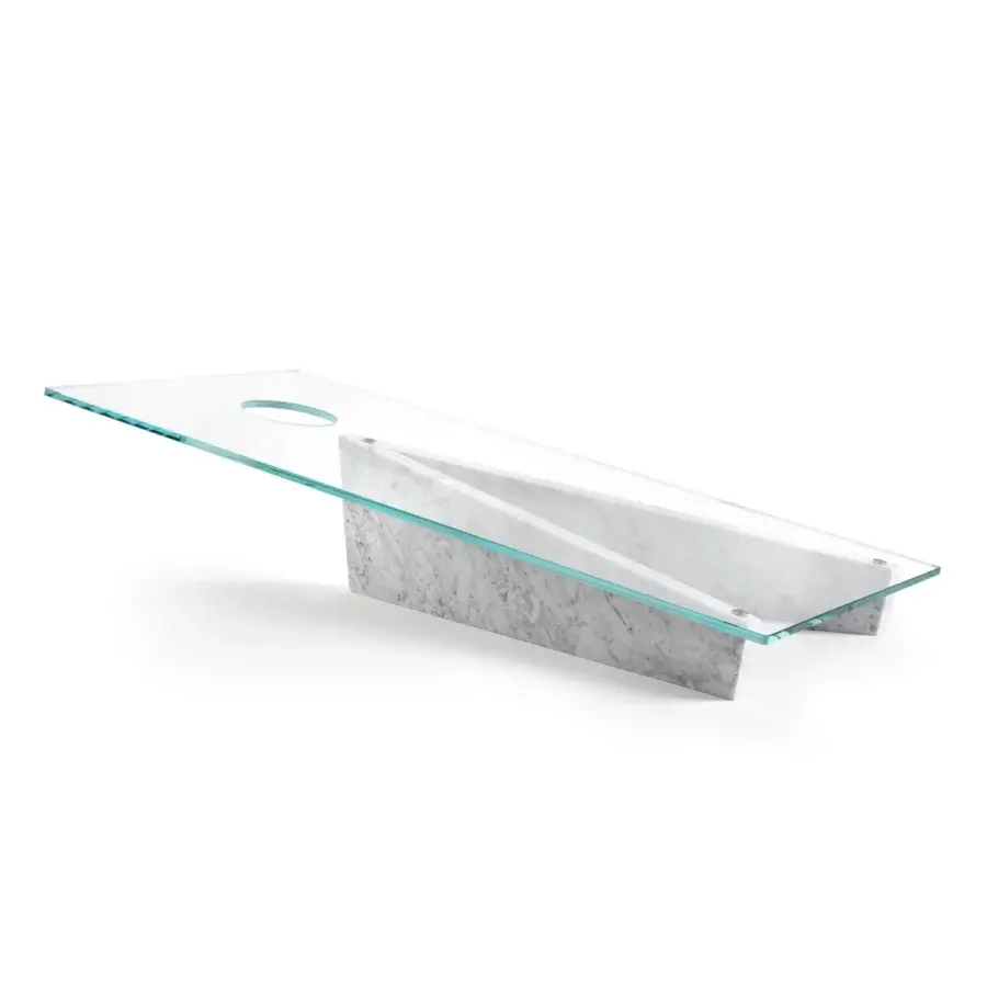 Elegant Impatia Lancio cornhole with a satin marble base and cantilevered glossy glass plate crafted in Italy