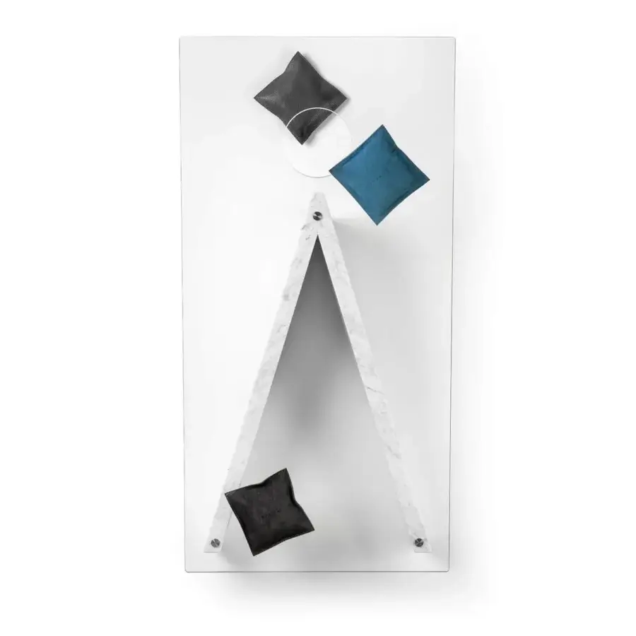 Superior Impatia Lancio cornhole with matte white panel inset and luxurious white marble playing surface crafted with Alcantara® and leather bags