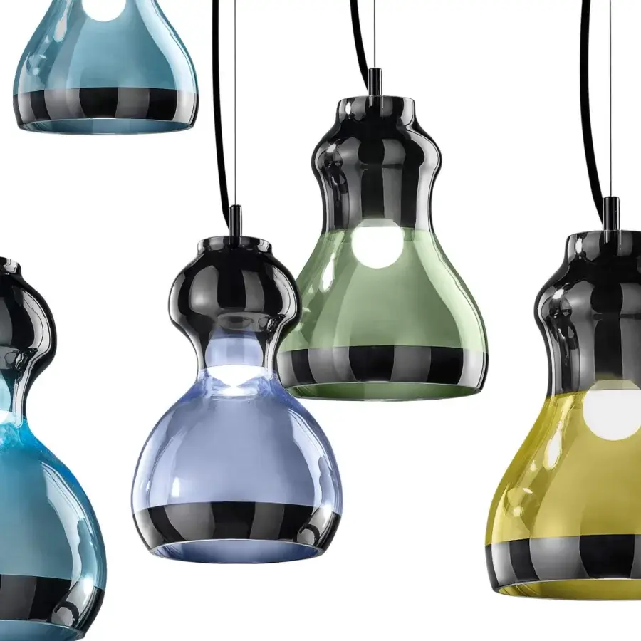 Exceptional Euroluce Infinity S1 suspension lamp handcrafted in aquamarine luminous glass with refined black nickel finish