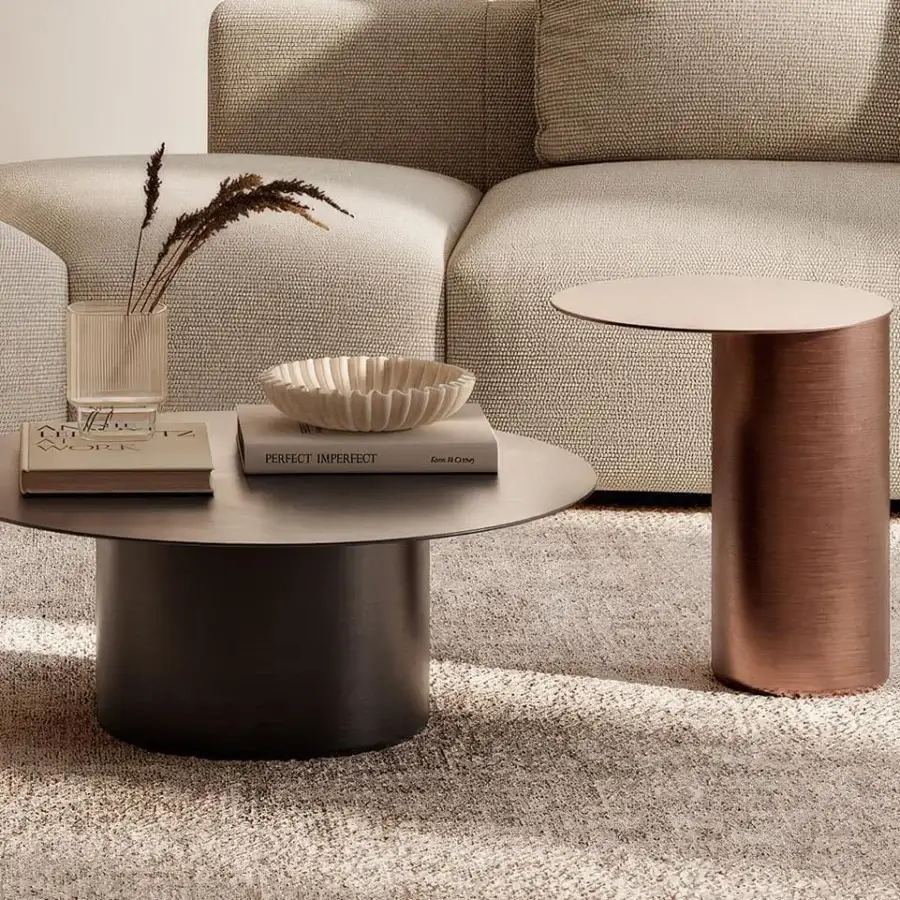 Elegant CTS Salotti Eclipse coffee table built in dark gray metal with a medium-brown laser-shaped top and satin finish