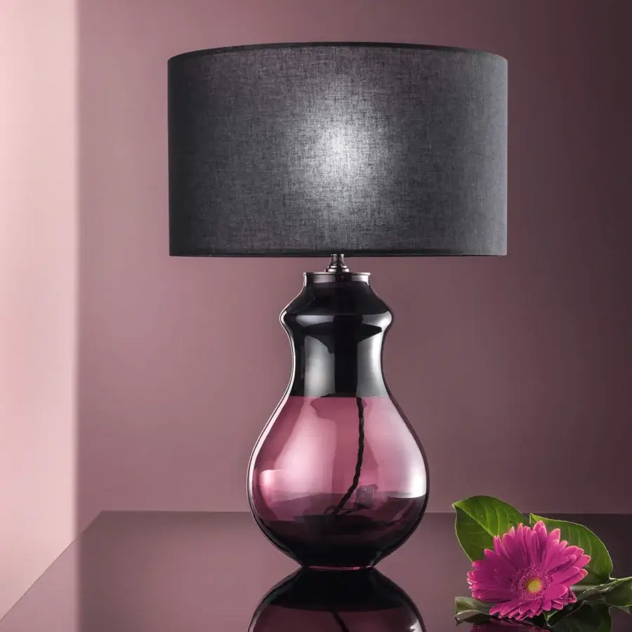Refined Euroluce Infinity LG1 table lamp with sculpted glass and dark gray textile lampshade in black nickel to translucent magenta finish