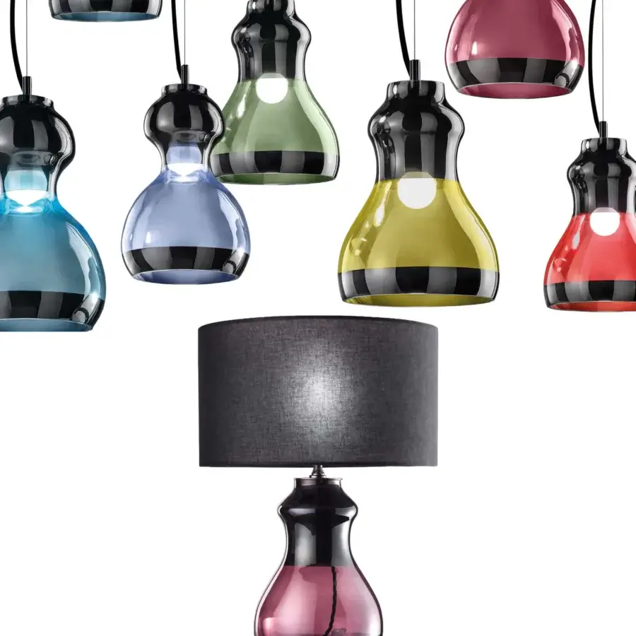 Exceptional Euroluce Infinity LG1 table lamp with translucent glass in magenta to pinkish-purple and black nickel finish