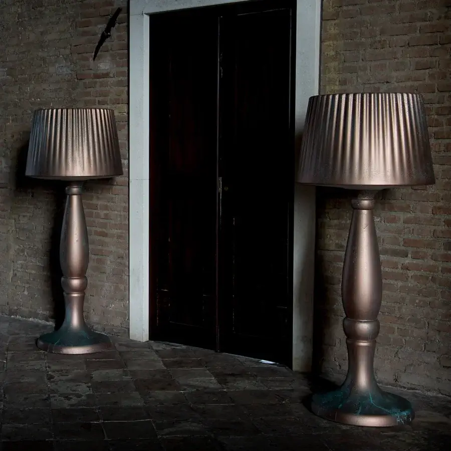 Exceptional MY YOUR Agata floor lamp crafted in durable plastic with an oxidized finish and coppery bronze greenish-blue hues