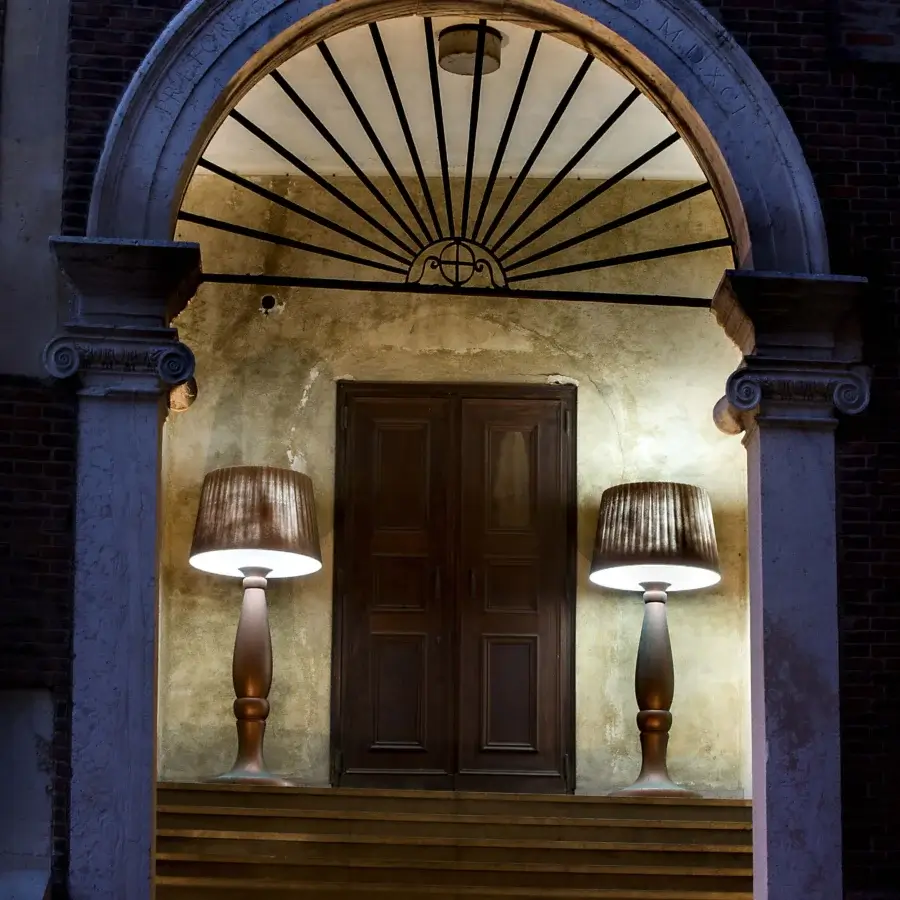 Elegant MY YOUR Agata floor lamp crafted in wood with a golden-beige textile lampshade and satin finish