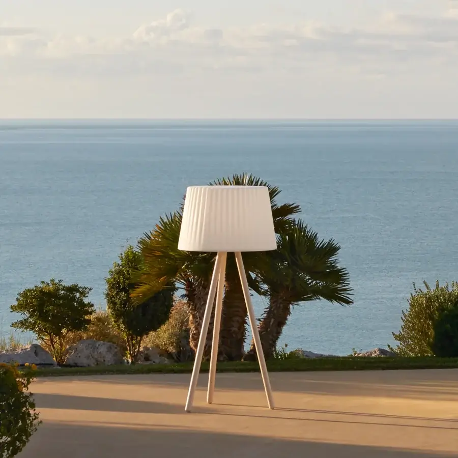 Distinguished MY YOUR Agata Wood floor lamp with gently curved off-white lampshade and treated wood tripod base in satin finish