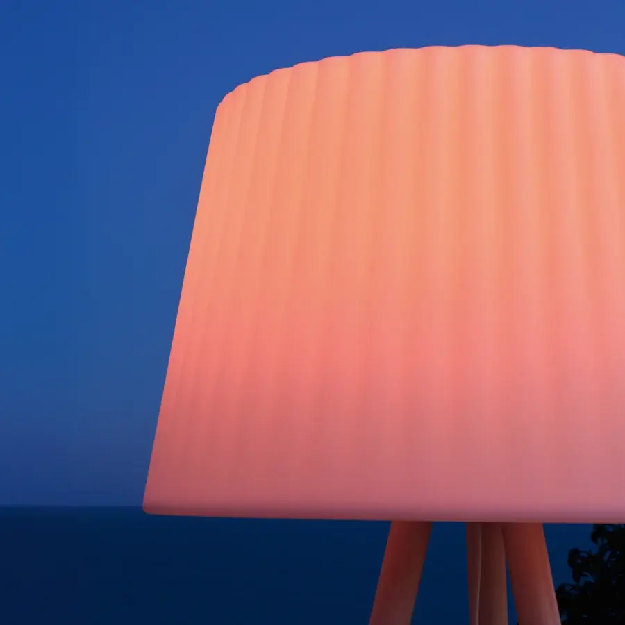 Superior MY YOUR Agata Wood floor lamp with gradient coral-to-pale pink translucent lampshade and sleek wooden tripod crafted for outdoor use