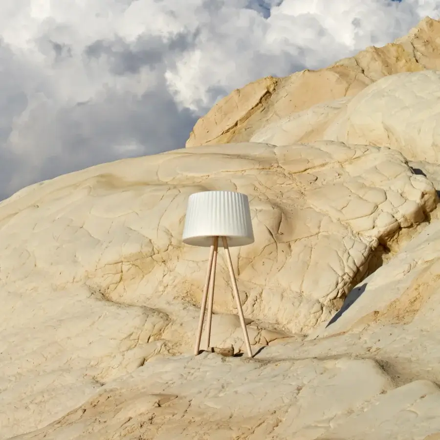 Exceptional MY YOUR Agata Wood floor lamp with cylindrical white shade and satin finish light-toned wooden tripod base
