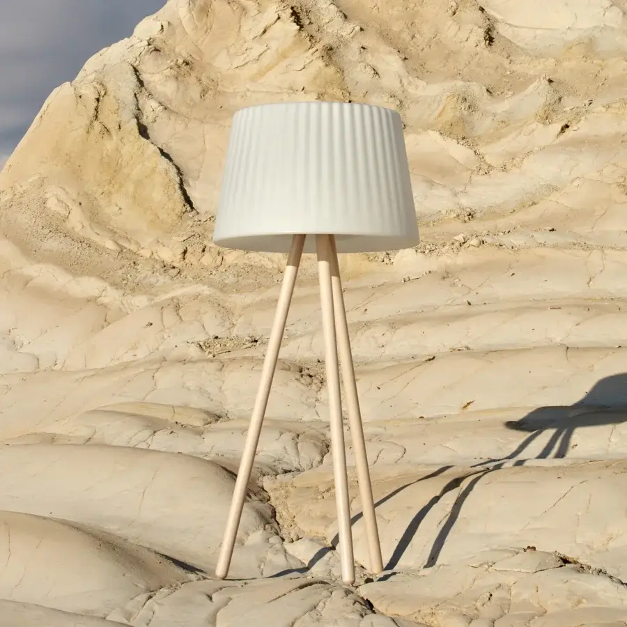 Distinguished MY YOUR Agata Wood floor lamp with vertically ribbed off-white Poleasy diffuser and satin-finish wood tripod base
