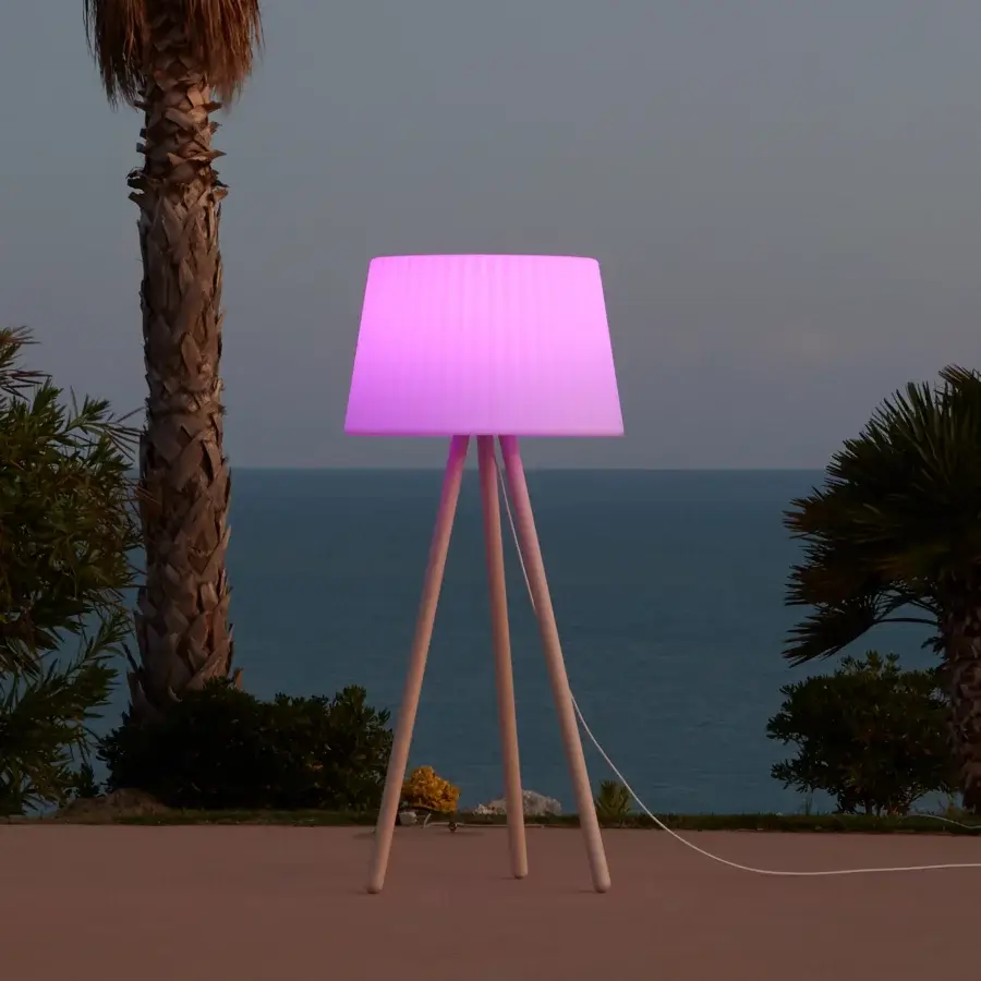 Sophisticated MY YOUR Agata Wood floor lamp in pink and light beige, crafted with outdoor-treated wood and plastic