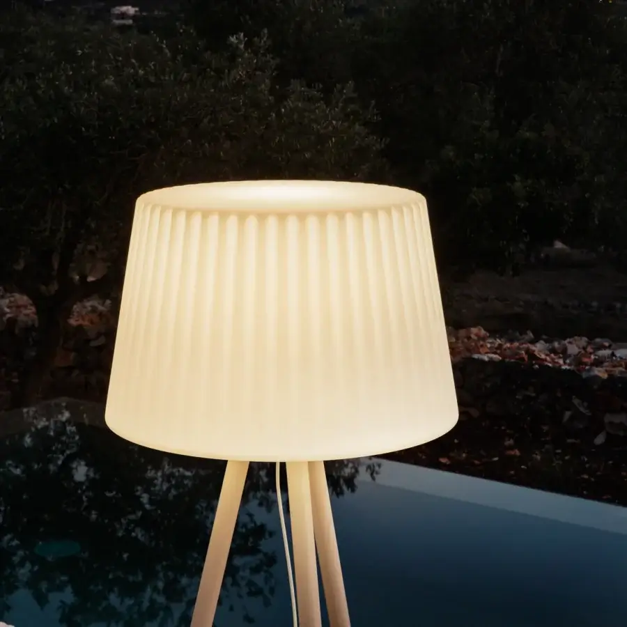 Elegant MY YOUR Agata Wood floor lamp with softly conical textured shade and splayed legs crafted from treated wood