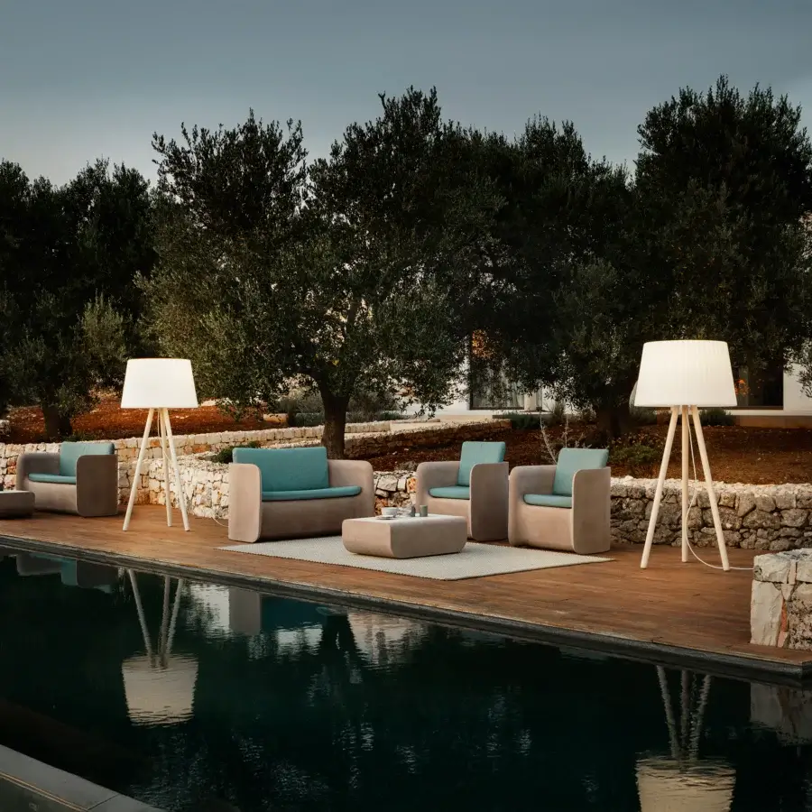 Elegant MY YOUR Agata Wood floor lamp crafted in Italy with a light-colored wooden tripod base and white textile lampshade with satin finish