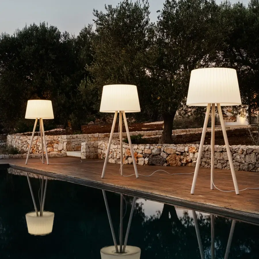 Superior MY YOUR Agata Wood floor lamp built with a conical lampshade in off-white and treated wood for outdoor use