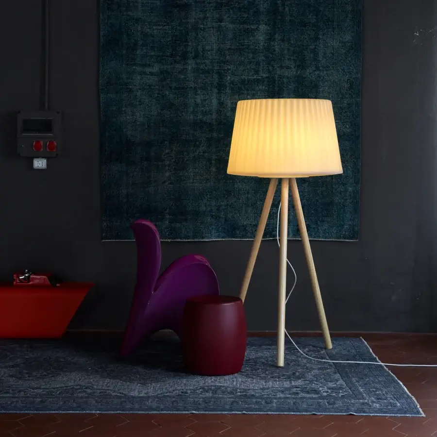 Exceptional MY YOUR Agata Wood floor lamp crafted in Italy with a pale warm white pleated textile shade and satin treated wood base