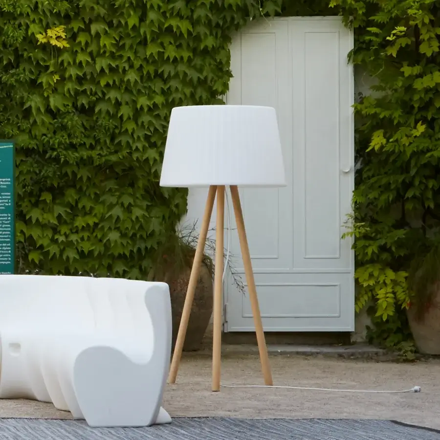 Exceptional MY YOUR Agata Wood floor lamp crafted in Italy with a translucent white lampshade and satin finished natural wood tripod base
