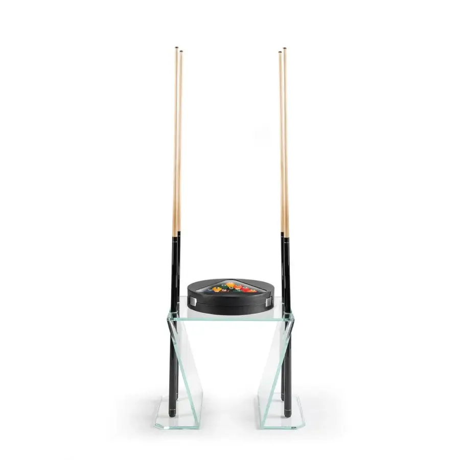Distinguished Impatia Verso pool cue rack crafted in dark wood with transparent glass supports and seamless construction