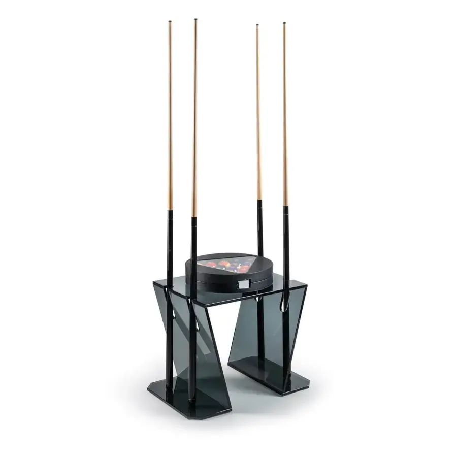 Exceptional Impatia Verso pool cue rack built in dark-toned glass and satin-finish wood with angular form