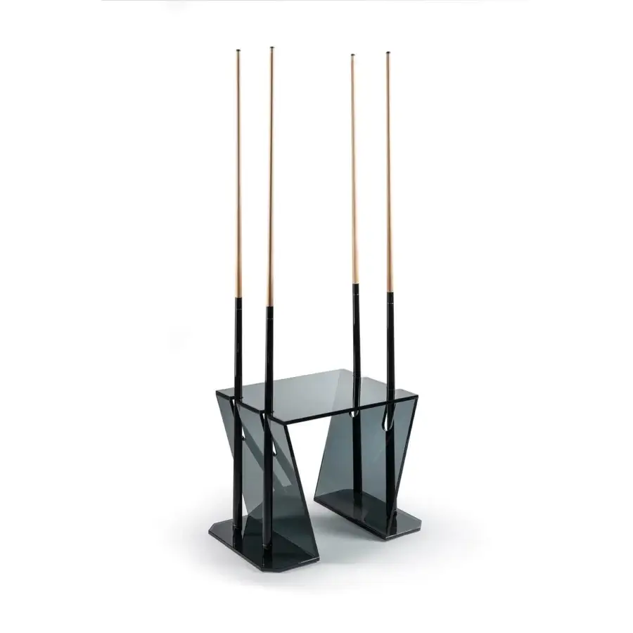Avant-garde Impatia Verso pool cue rack built with transparent glass and a dark satin finish frame