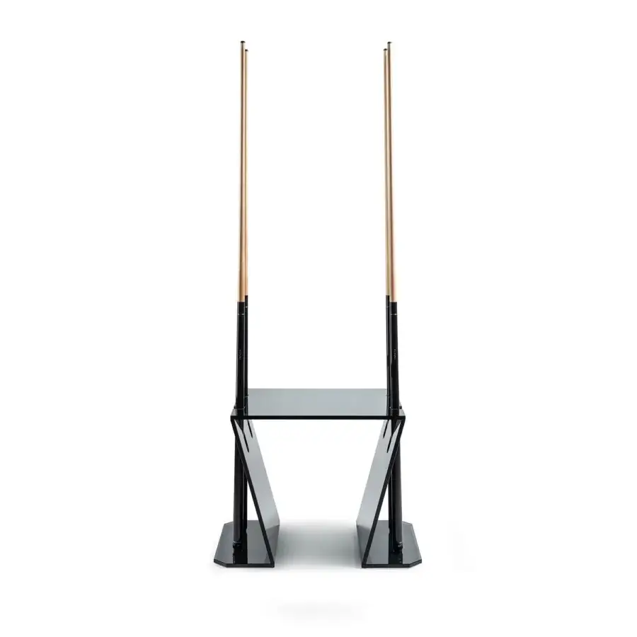 Superior Impatia Verso pool cue rack displaying two cues with a glossy black metal frame and dark glass tabletop