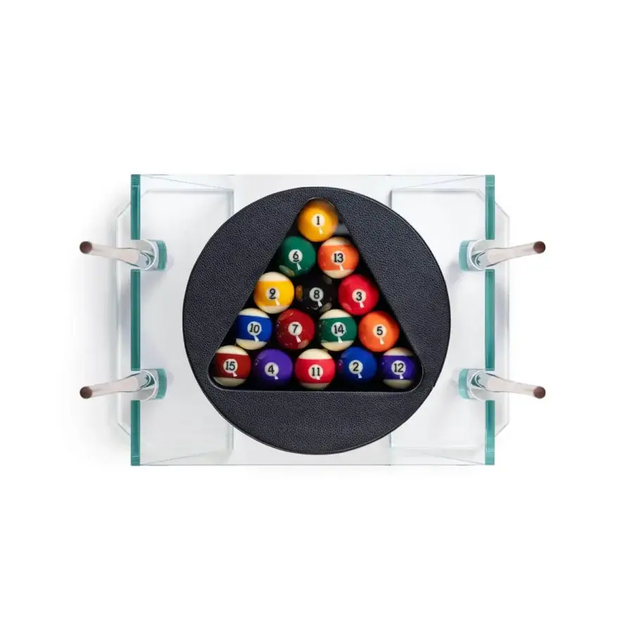 Superior Impatia Verso pool cue rack built with a dark grey textured body, fifteen billiard balls and a transparent glass frame