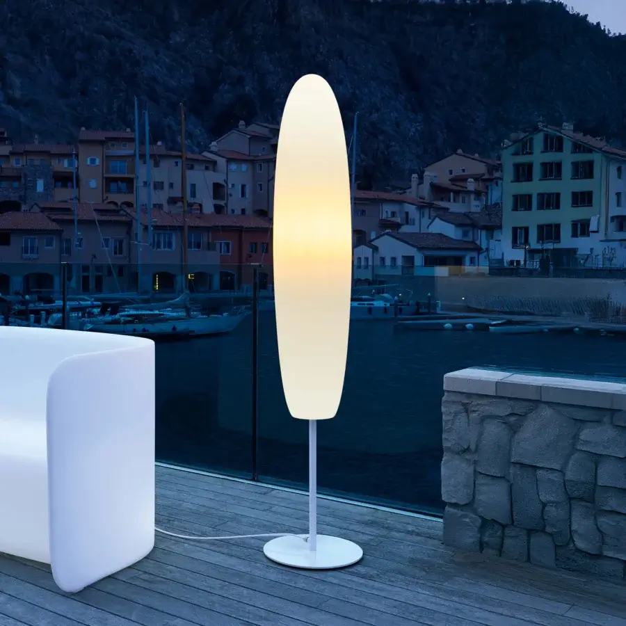 Distinguished MY YOUR Pandora floor lamp with a smooth matte white lampshade and glossy white synthetic base and stem