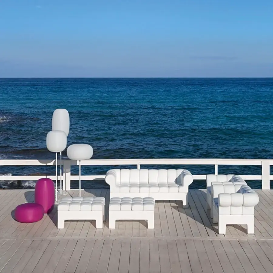 Elegant MY YOUR Pandora floor lamp in white with stacked balloon shades and a matte finish accented with magenta