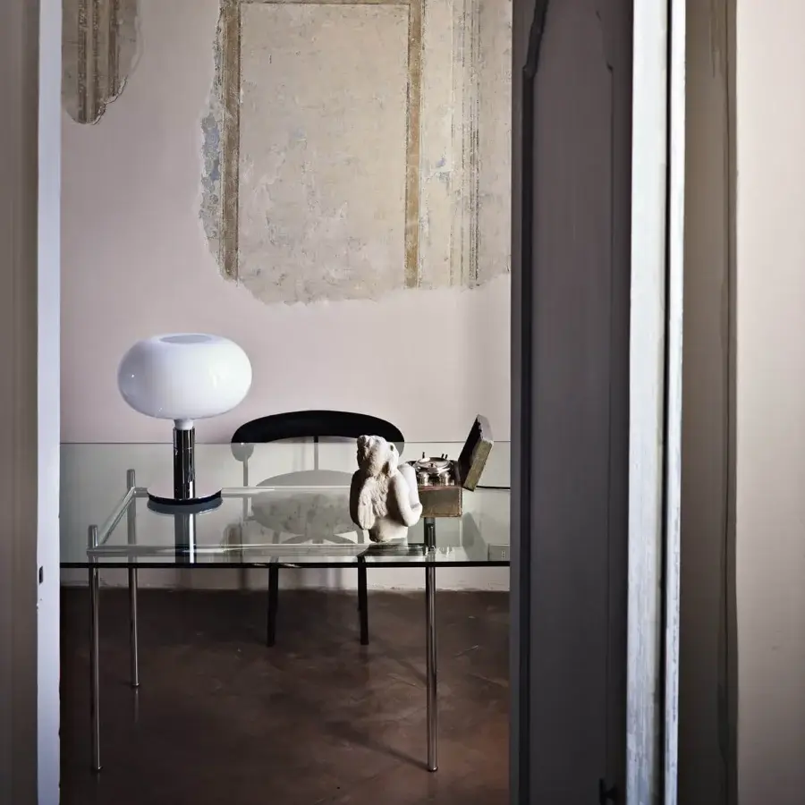 Distinguished Nemo AM1N table lamp with translucent white hand-blown glass diffuser and polished metal structure crafted in Italy