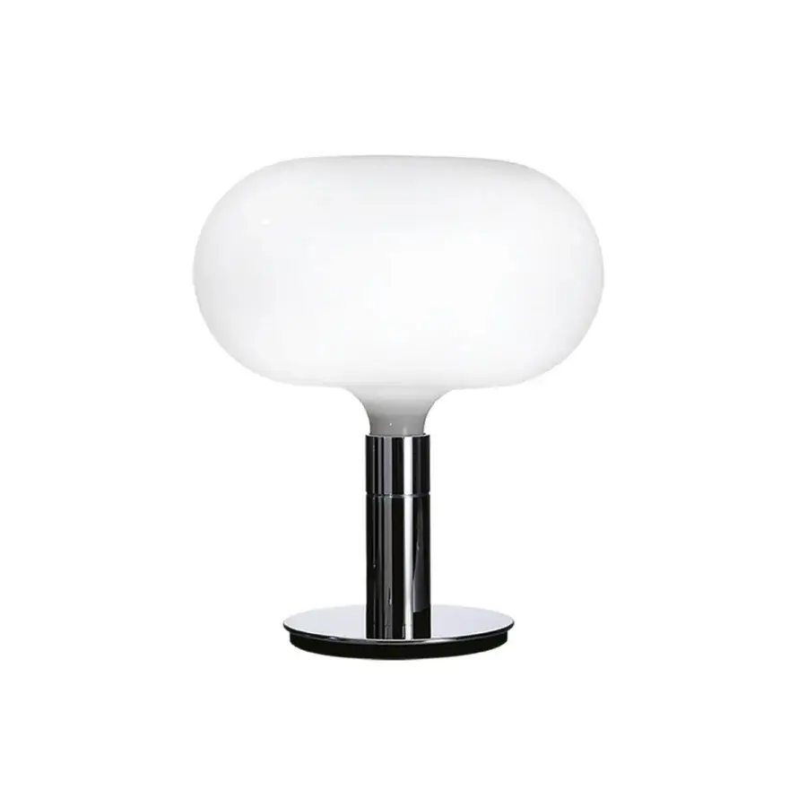 Exceptional Nemo AM1N table lamp crafted in frosted glass with a polished chrome metal stem and base