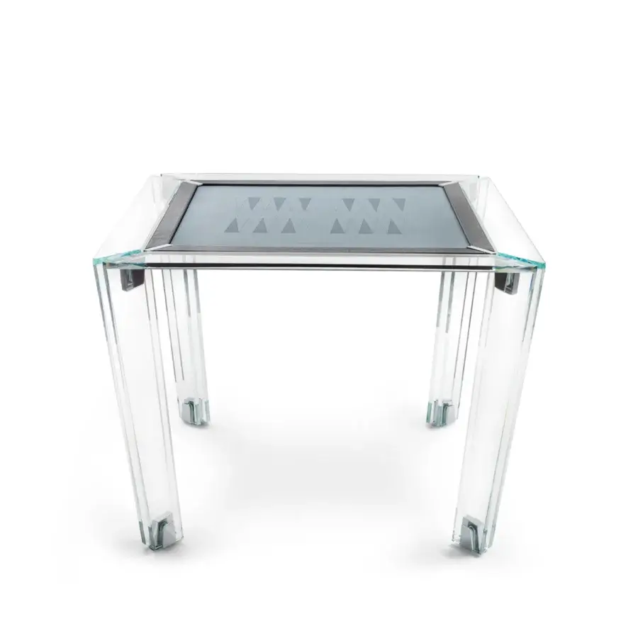 Elegant Impatia Tuttuno backgammon table crafted with crystal glass and chrome, showcasing Alcantara upholstery with a leather frame
