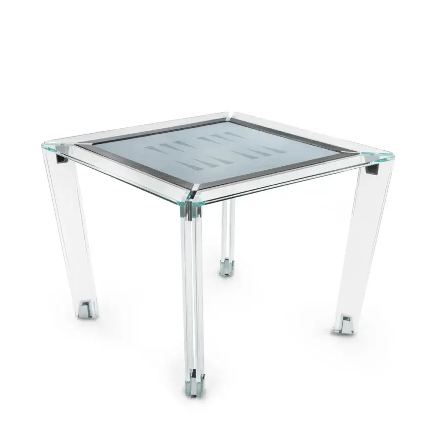 Distinguished Impatia Tuttuno backgammon table built with crystal glass and chrome, displaying an Alcantara leather playing field