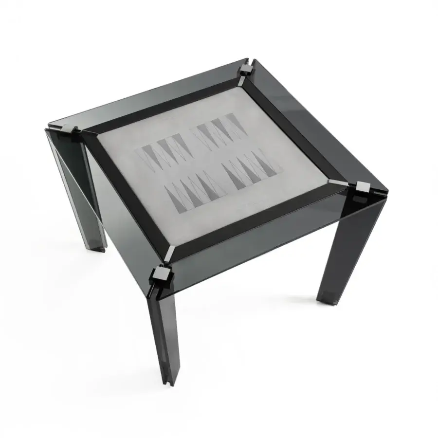 Exceptional Impatia Tuttuno backgammon table crafted with crystal glass and chrome, presenting an Alcantara® surface with a high-gloss border