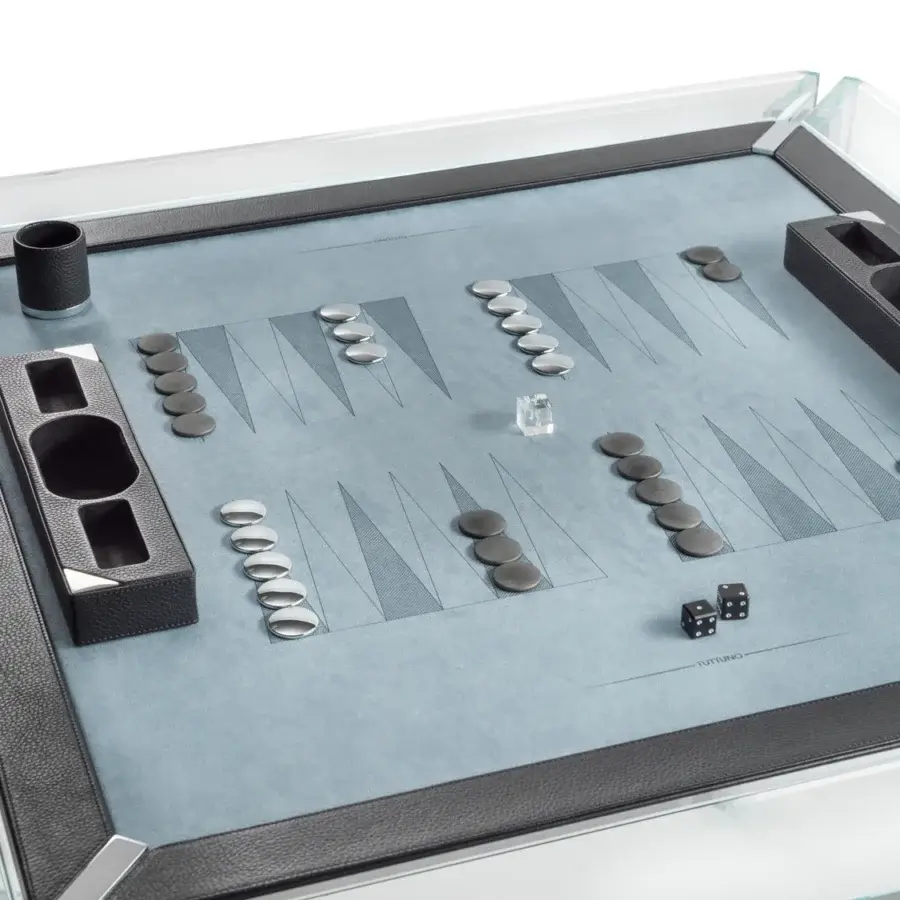 Superior Impatia Tuttuno backgammon table with crystal glass and polished chrome, presenting light blue Alcantara leather with black framing