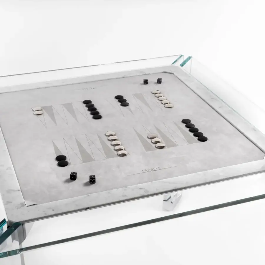 Elegant Impatia Tuttuno backgammon table with crystal glass structure and polished marble, crafted in light gray with Alcantara leather and chrome