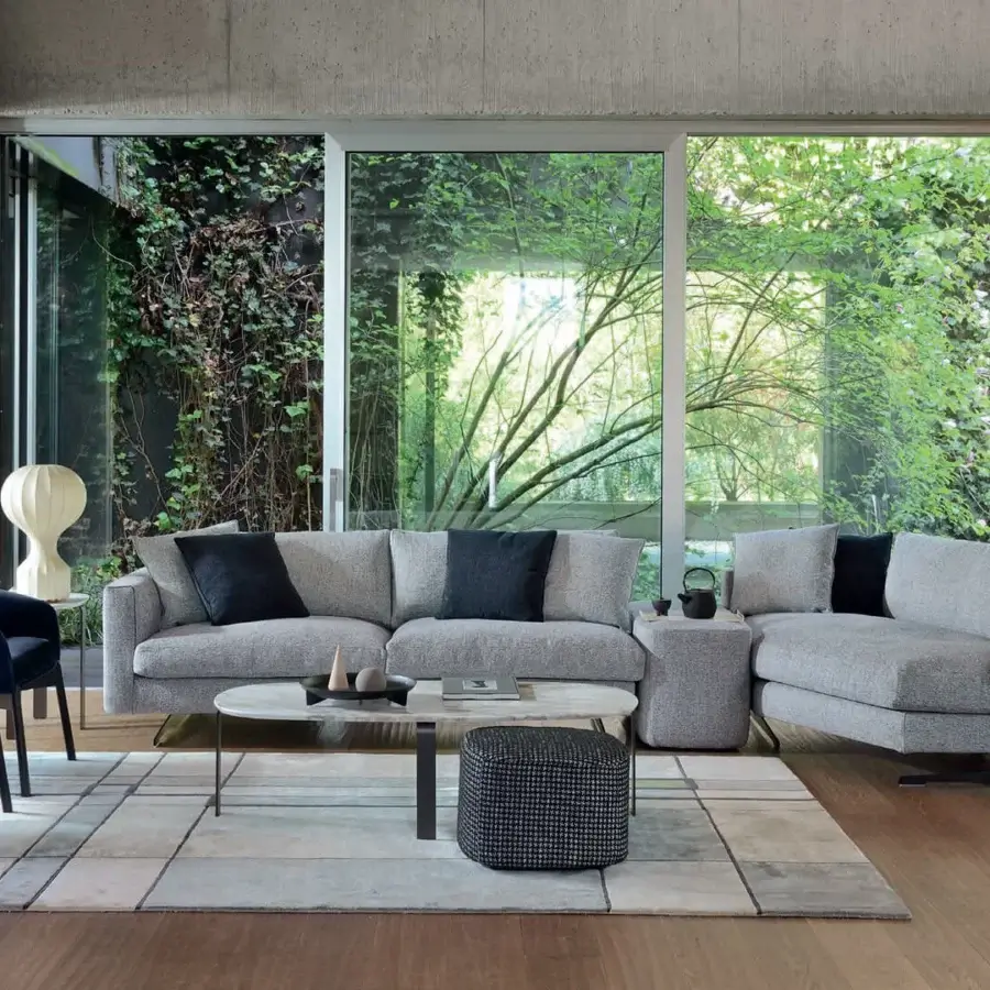 Superior CTS Salotti Brera ottoman built in dark gray textured fabric with satin-finish metal base
