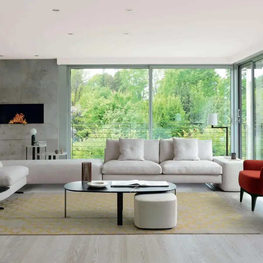 Exceptional CTS Salotti Brera ottoman built with smooth off-white textile and subtly textured finish