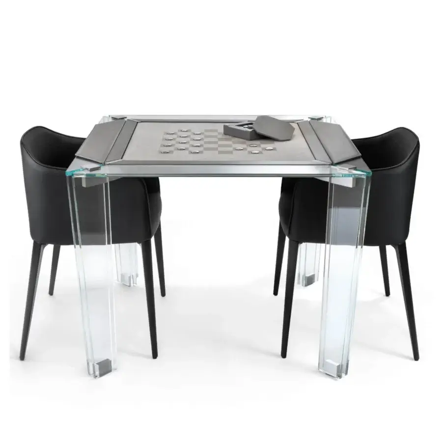 Elegant Impatia Tuttuno chess/checkers table crafted with low-iron glass and a plush Alcantara playing surface in subtle gray tones