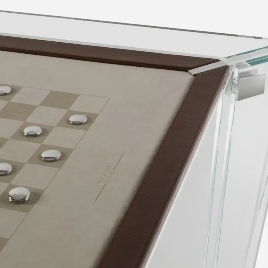 Superior Impatia Tuttuno chess/checkers table with low-iron glass and a sumptuous Alcantara playing surface, finished with dark brown leather trim