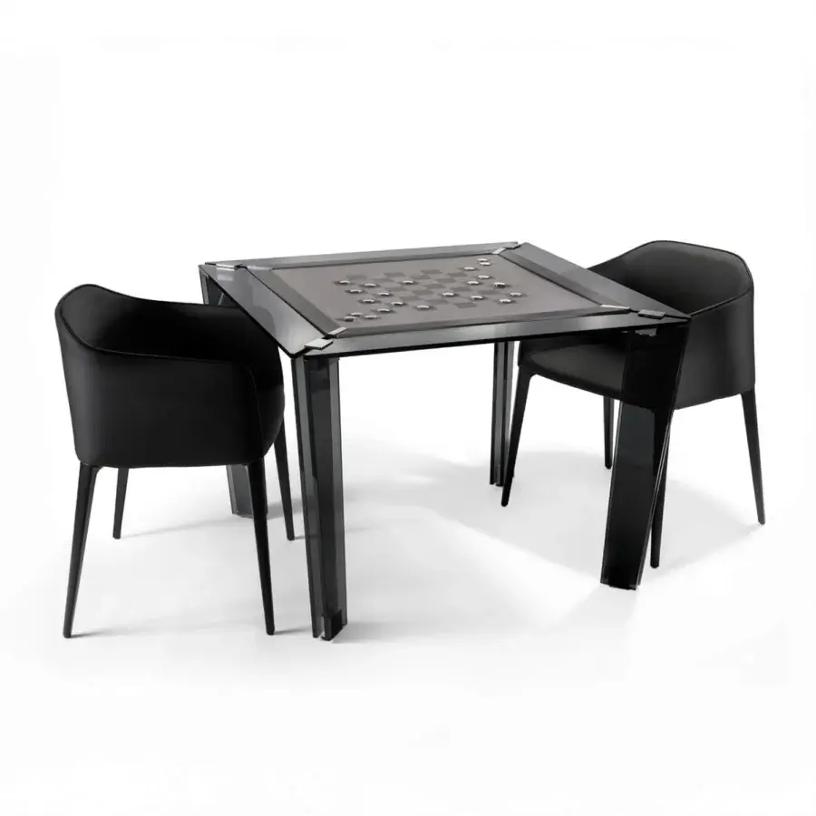 Exclusive Impatia Tuttuno chess/checkers table crafted with low-iron glass and a lavish Alcantara playing surface with glossy finish