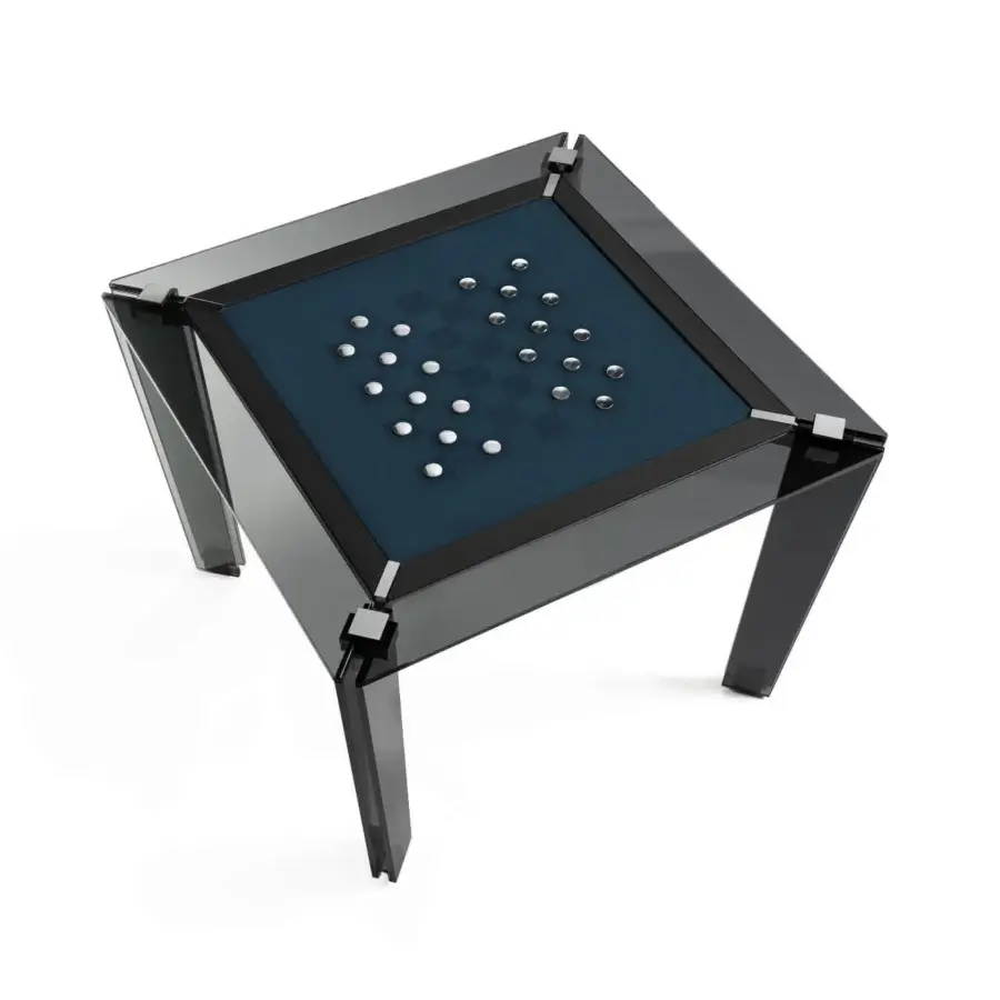 Elegant Impatia Tuttuno chess/checkers table with a dark high-gloss finish and plush dark blue Alcantara playing surface