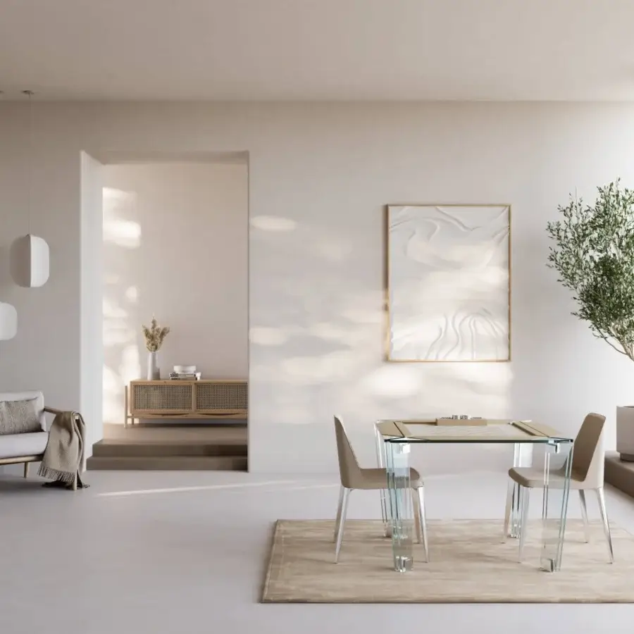 Distinguished Impatia Tuttuno chess/checkers table crafted with low-iron glass and a premium Alcantara playing surface for a visually lightweight aesthetic
