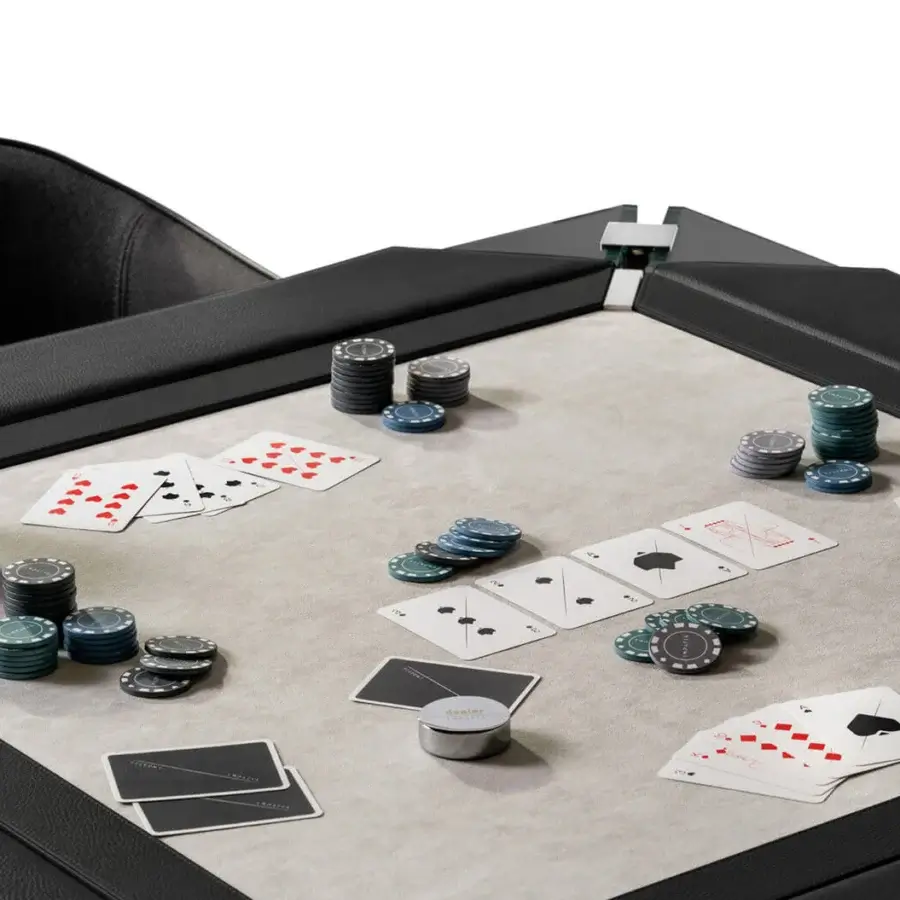 Lavish Impatia Tuttuno multi-game table built with low-iron glass and a plush Alcantara® playing surface in neutral gray
